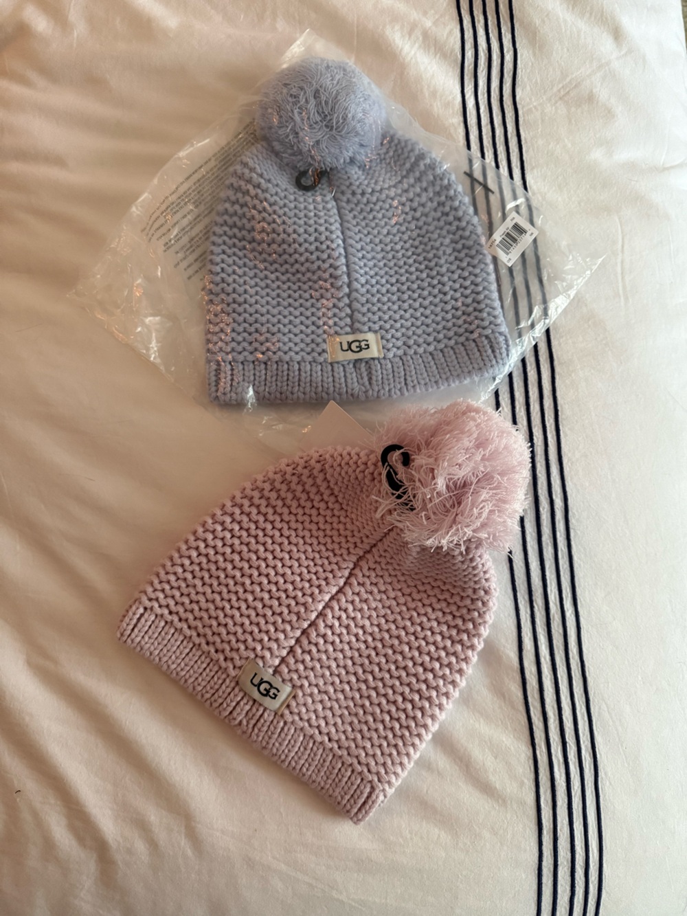 UGG Pom-Pom Knit Beanie Set (two hats) in Pink and Light Blue